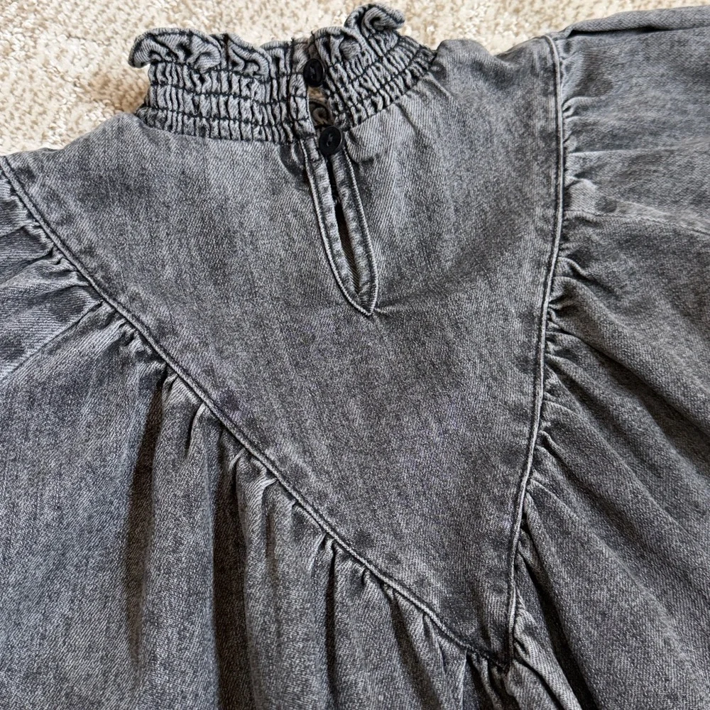 Petite Amalie Girls’ Black Wash Chambray Shirred Neck Babydoll Dress—5Y
